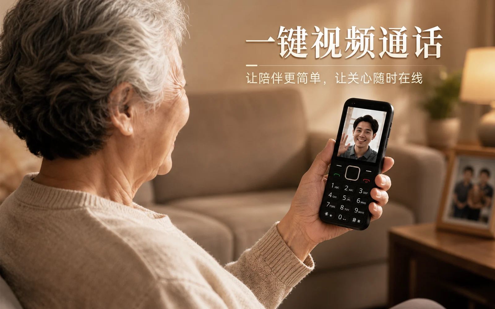 老人使用功能机与家人进行一键视频通话